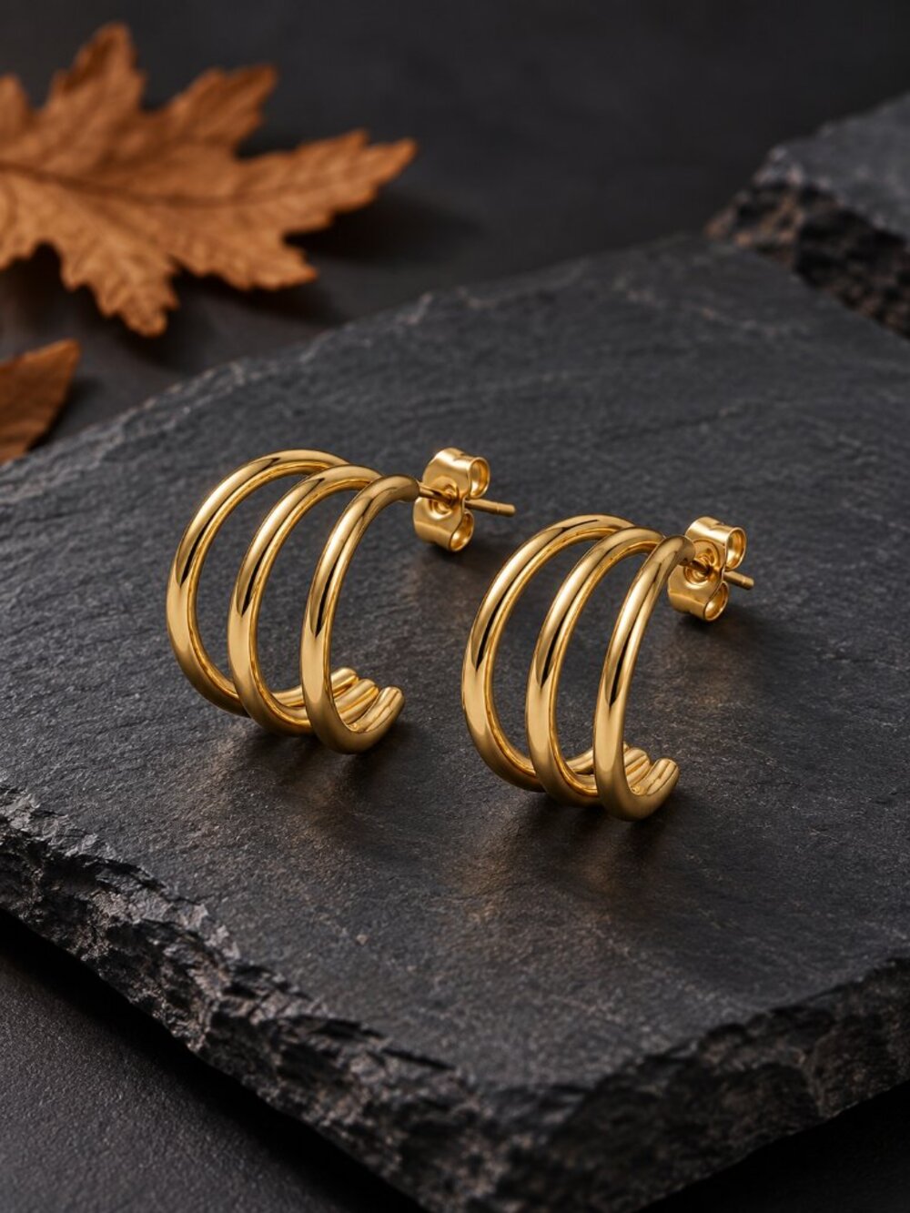 Triple Hoop Earrings 18K Gold PVD 304 Stainless Steel Stack Illusion Hoops 0.55"